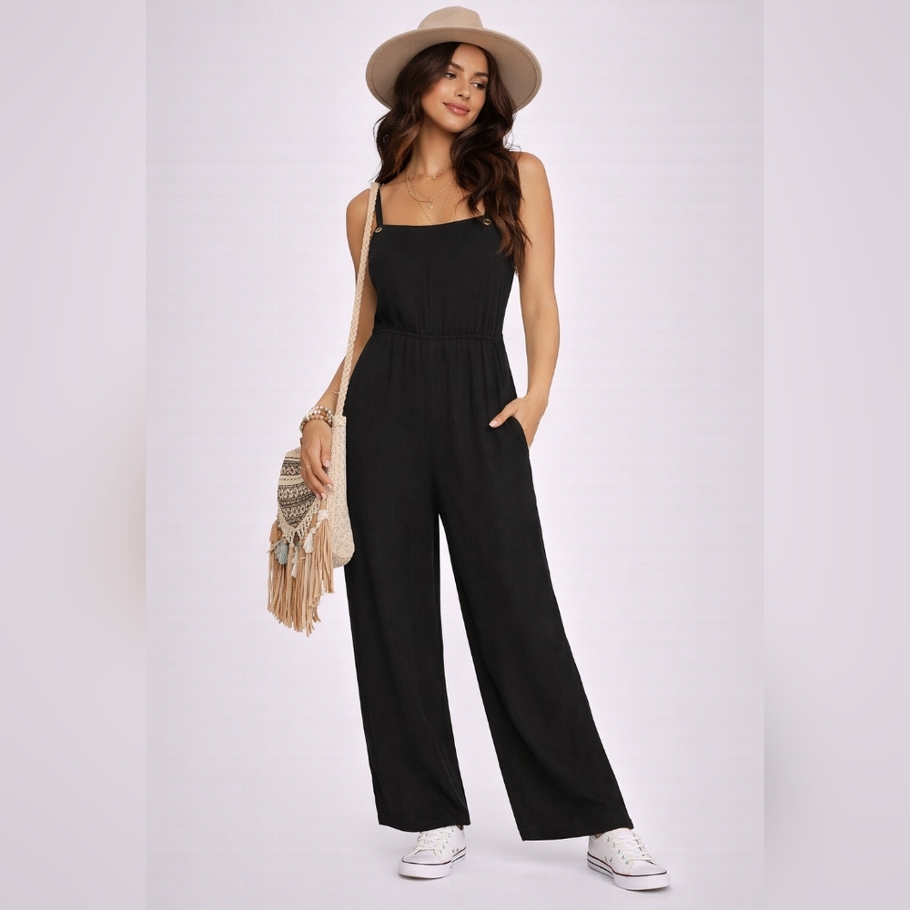 NEW Simple by Suzanne Betro Jumpsuit Size M Black Chic Wide Leg Sleeveless